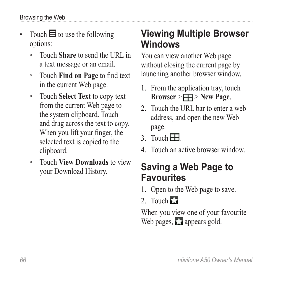 Viewing multiple browser windows, Viewing multiple browser, Windows | Favourites, Saving a web page to favourites | Graco NUVIFONE A50 User Manual | Page 74 / 136