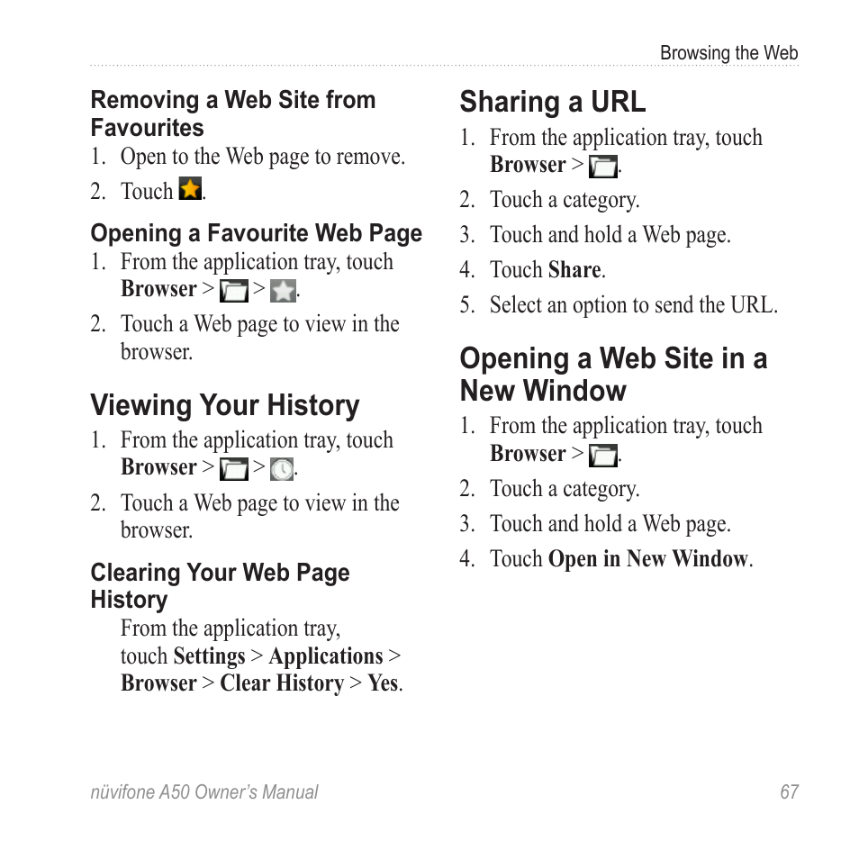 Viewing your history, Sharing a url, Opening a web site in a new window | Opening a web site in a new, Window | Graco NUVIFONE A50 User Manual | Page 75 / 136