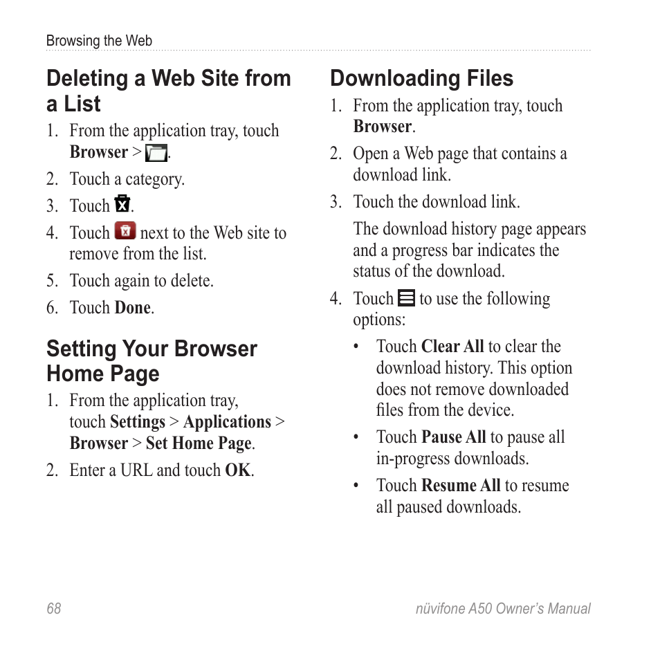 Deleting a web site from a list, Downloading files, Setting your browser home | Setting your browser home page | Graco NUVIFONE A50 User Manual | Page 76 / 136