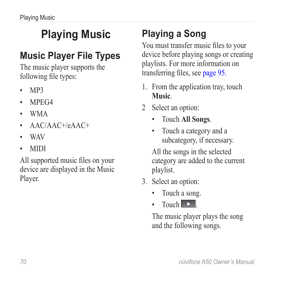 Playing music, Music player file types, Playing a song | Graco NUVIFONE A50 User Manual | Page 78 / 136