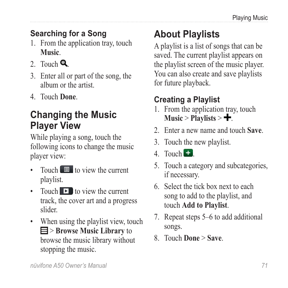 Changing the music player view, About playlists, Changing the music player | View | Graco NUVIFONE A50 User Manual | Page 79 / 136