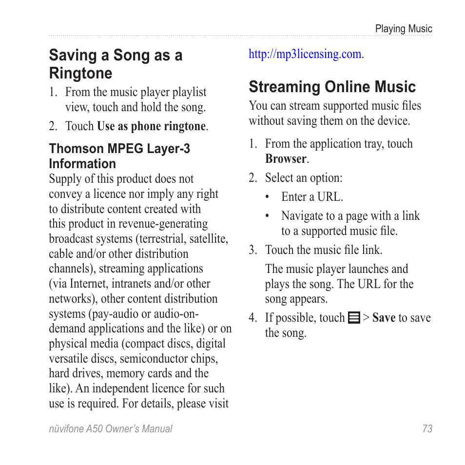 Saving a song as a ringtone, Streaming online music | Graco NUVIFONE A50 User Manual | Page 81 / 136