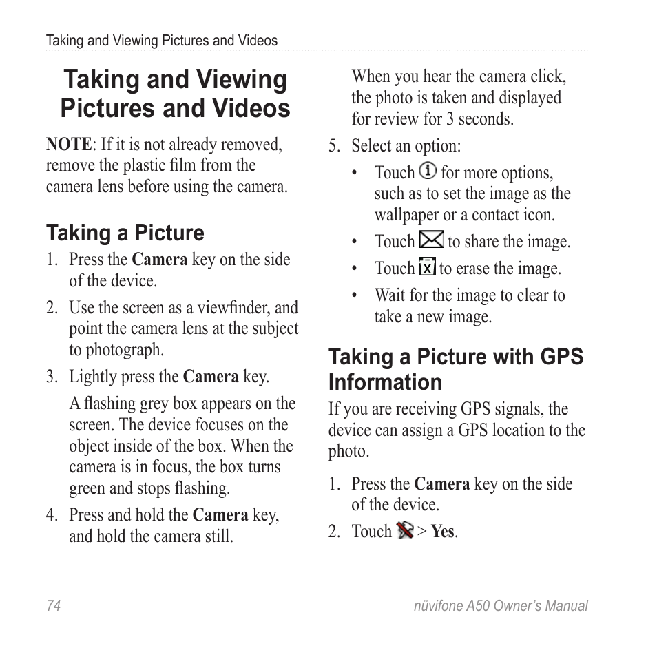 Taking and viewing pictures and videos, Taking a picture, Taking a picture with gps information | Taking and viewing pictures, And videos, Taking a picture with gps, Information | Graco NUVIFONE A50 User Manual | Page 82 / 136