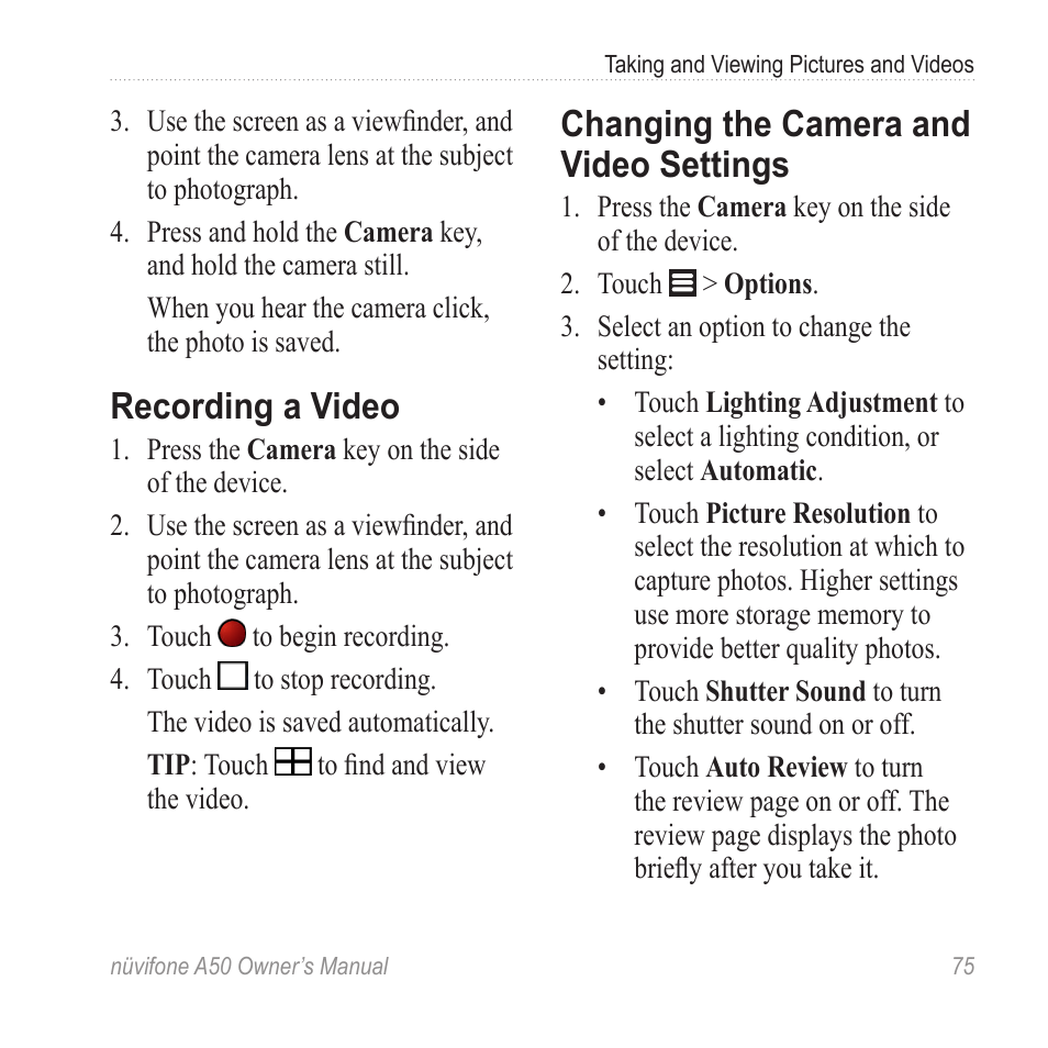 Recording a video, Changing the camera and video settings, Changing the camera and | Video settings | Graco NUVIFONE A50 User Manual | Page 83 / 136