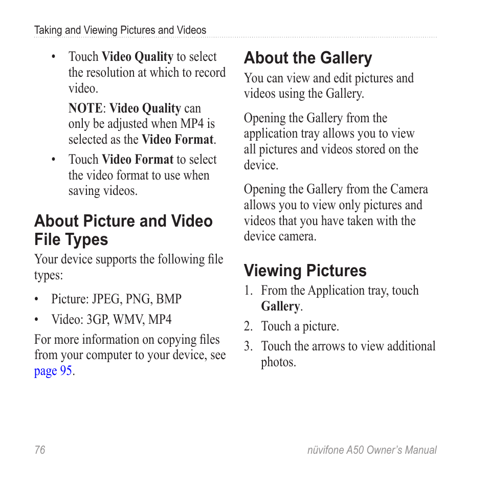 About picture and video file types, About the gallery, Viewing pictures | About picture and video file, Types | Graco NUVIFONE A50 User Manual | Page 84 / 136