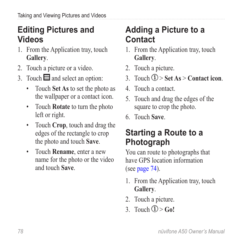 Editing pictures and videos, Adding a picture to a contact, Starting a route to a photograph | Starting a route to a, Photograph | Graco NUVIFONE A50 User Manual | Page 86 / 136