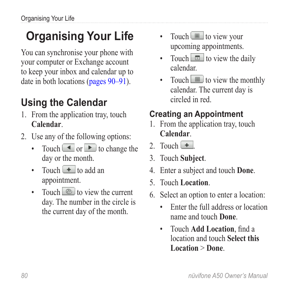 Organising your life, Using the calendar | Graco NUVIFONE A50 User Manual | Page 88 / 136