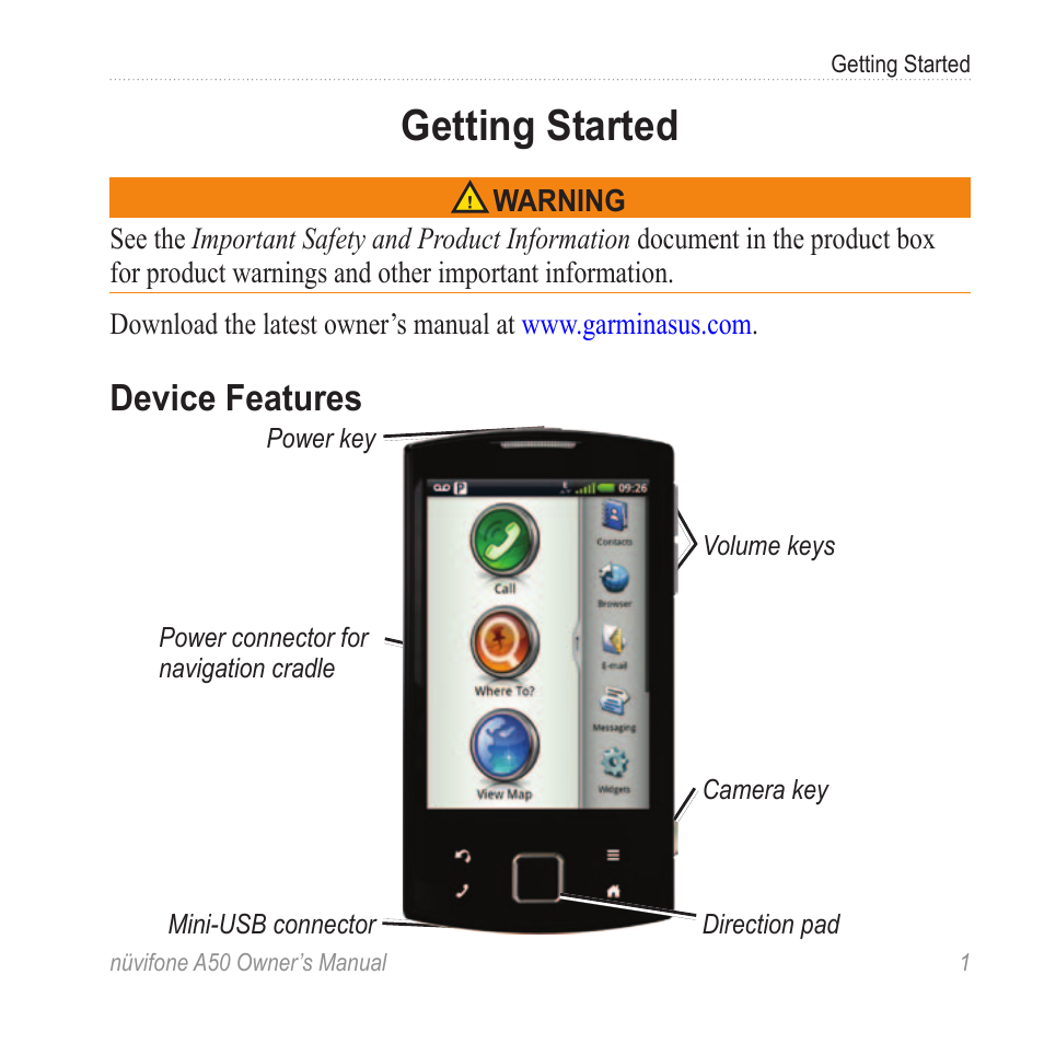 Getting started, Device features | Graco NUVIFONE A50 User Manual | Page 9 / 136