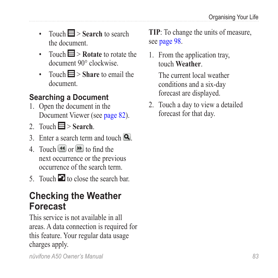 Checking the weather forecast, Checking the weather, Forecast | Graco NUVIFONE A50 User Manual | Page 91 / 136