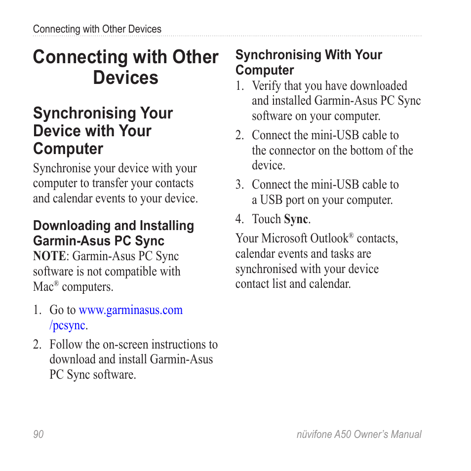 Connecting with other devices, Synchronising your device with your computer, Connecting with other | Devices, Synchronising your device, With your computer, Computer | Graco NUVIFONE A50 User Manual | Page 98 / 136