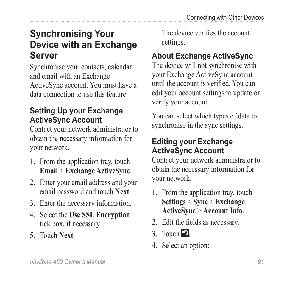 Synchronising your device with an exchange server, Synchronising your device, With an exchange server | Graco NUVIFONE A50 User Manual | Page 99 / 136