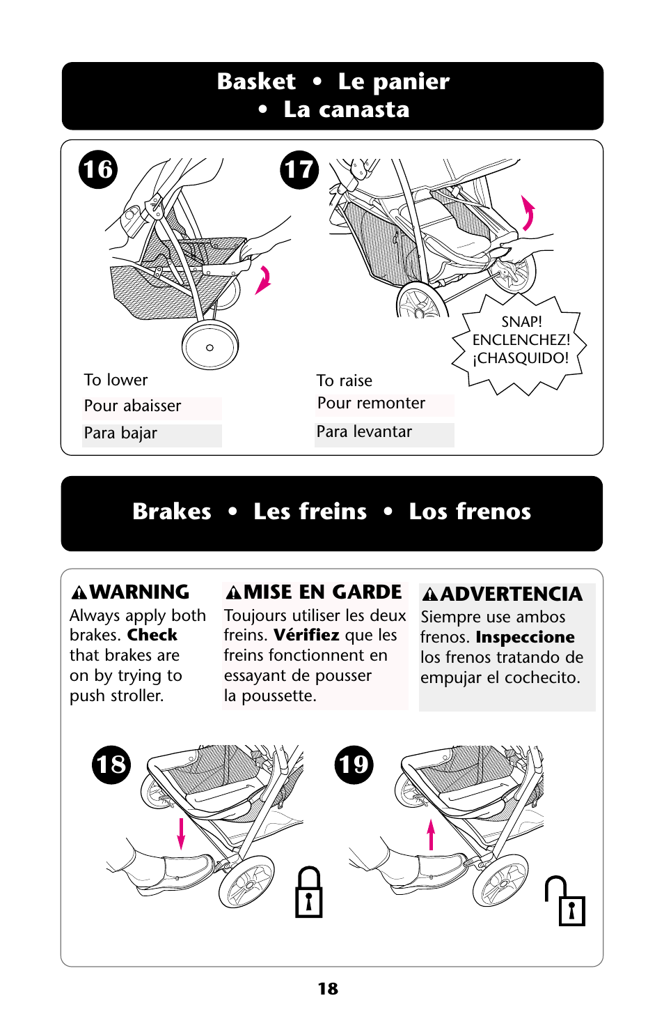 Basket • le panier • la canasta, Brakes • les freins • los frenos | Graco ISPA113AA User Manual | Page 18 / 120