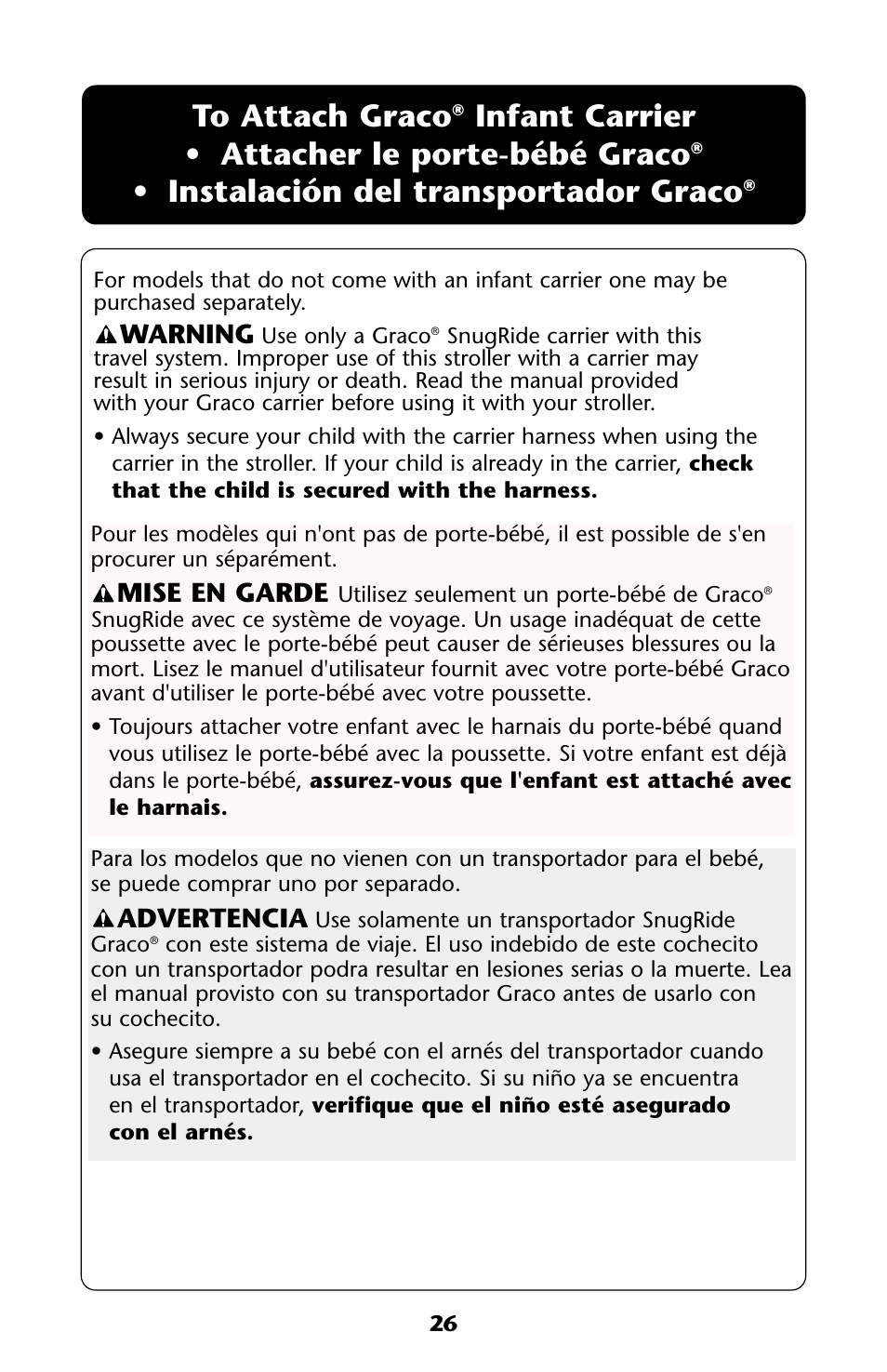 Infant carrier • attacher le porte-bébé graco, Instalación del transportador graco, Warning | Advertencia, Mise en garde | Graco ISPA113AA User Manual | Page 26 / 120
