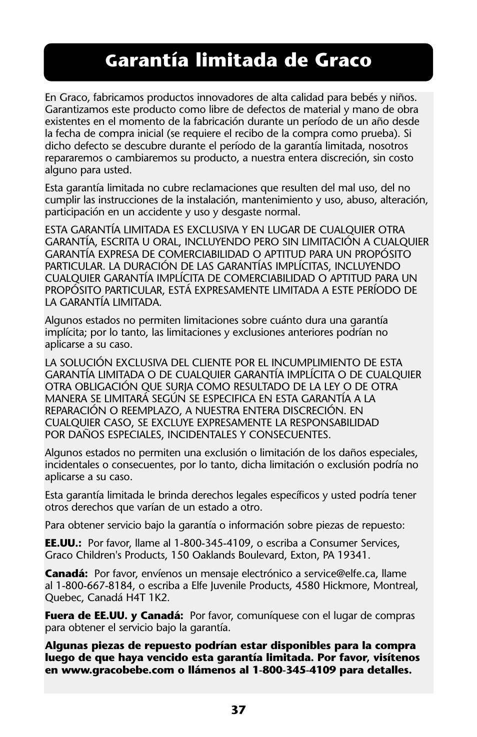 Arantía limitada de graco | Graco ISPA113AA User Manual | Page 37 / 120
