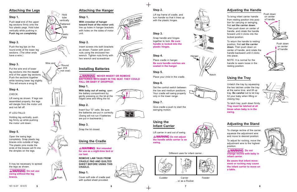 Attaching the legs, Attaching the hanger, Adjusting the handle | Using the tray, Adjusting the stand, Using the infant carrier, Using the cradle, Installing batteries | Graco 1502 Series User Manual | Page 3 / 6