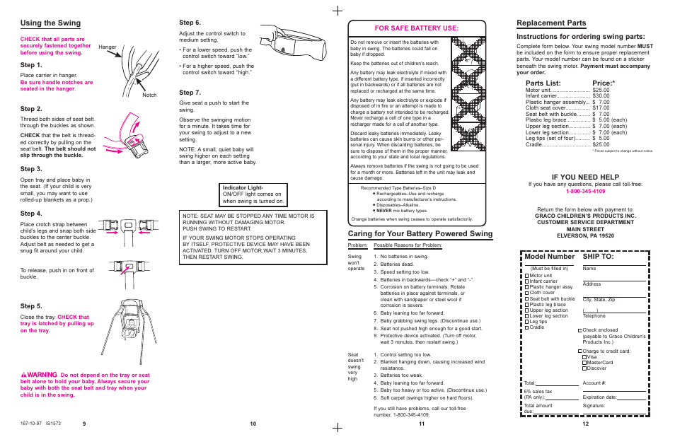 Replacement parts, Model number, Ship to | Instructions for ordering swing parts, If you need help, Parts list, Price, Step 1, Step 2, Step 3 | Graco 1502 Series User Manual | Page 6 / 6