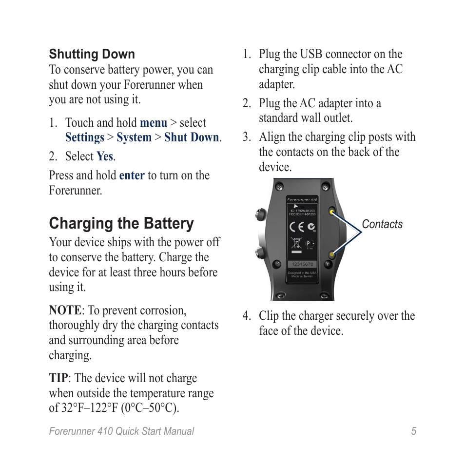 Charging the battery | Garmin Forerunner 410 User Manual | Page 5 / 12