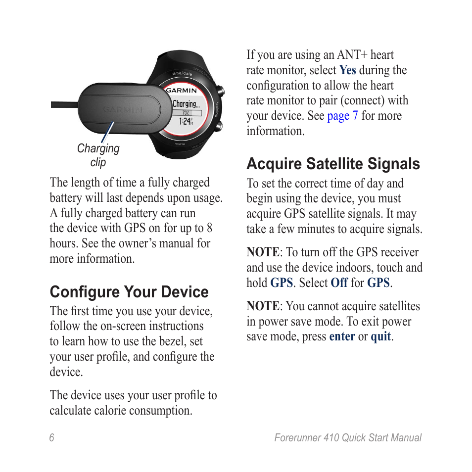 Configure your device, Acquire satellite signals | Garmin Forerunner 410 User Manual | Page 6 / 12