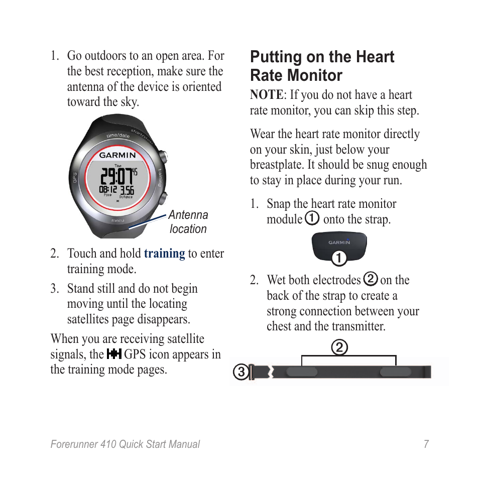 Putting on the heart rate monitor | Garmin Forerunner 410 User Manual | Page 7 / 12