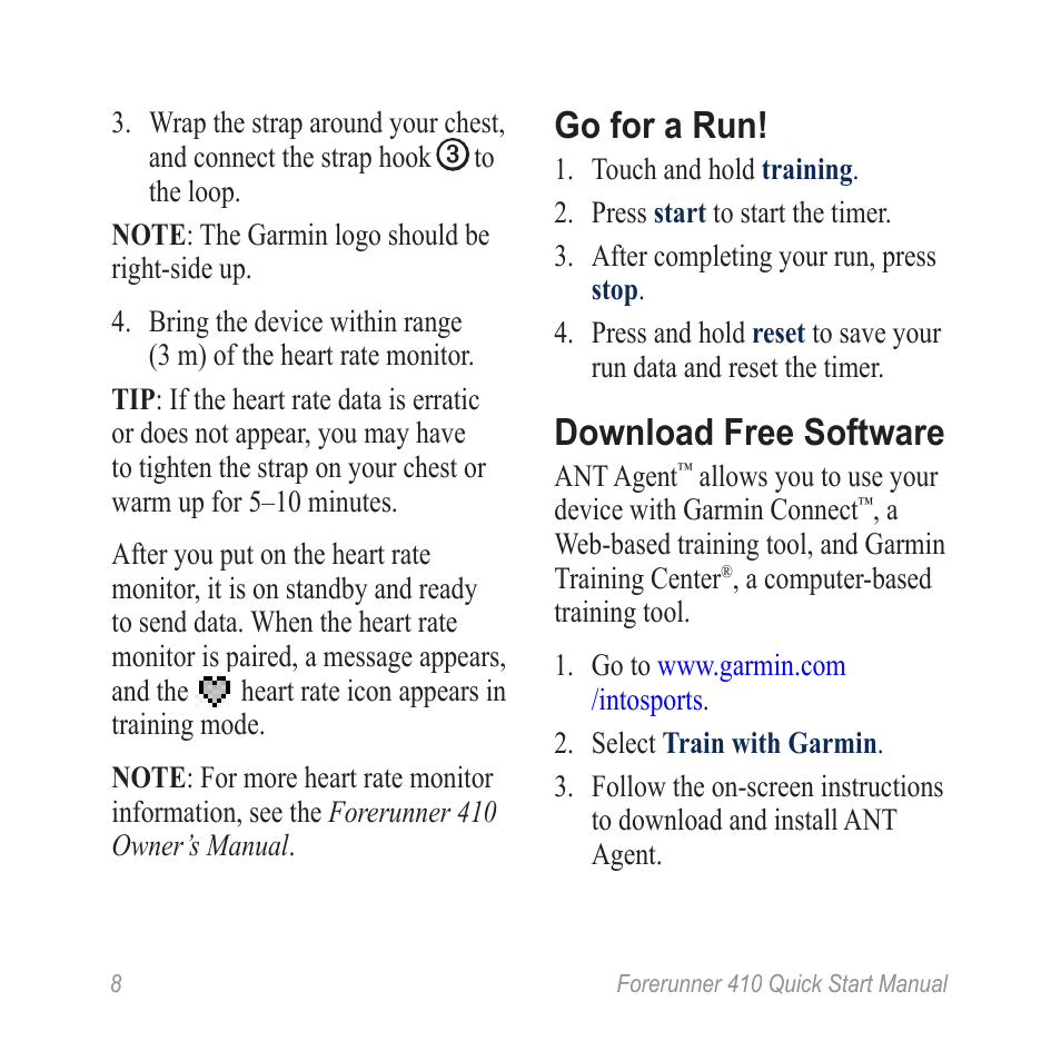 Go for a run, Download free software | Garmin Forerunner 410 User Manual | Page 8 / 12