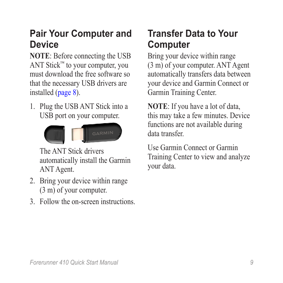 Pair your computer and device, Transfer data to your computer | Garmin Forerunner 410 User Manual | Page 9 / 12