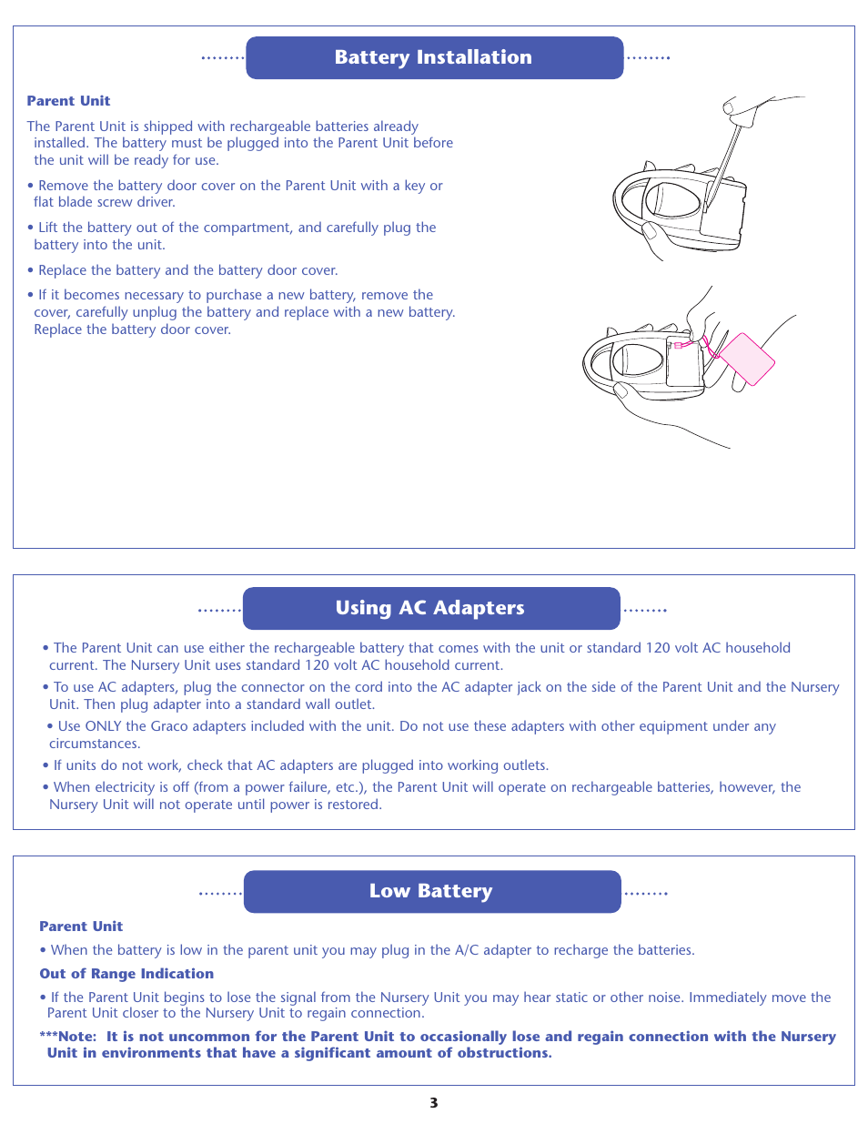 Low battery, Battery installation using ac adapters | Graco RESPOND 2M06 User Manual | Page 3 / 16