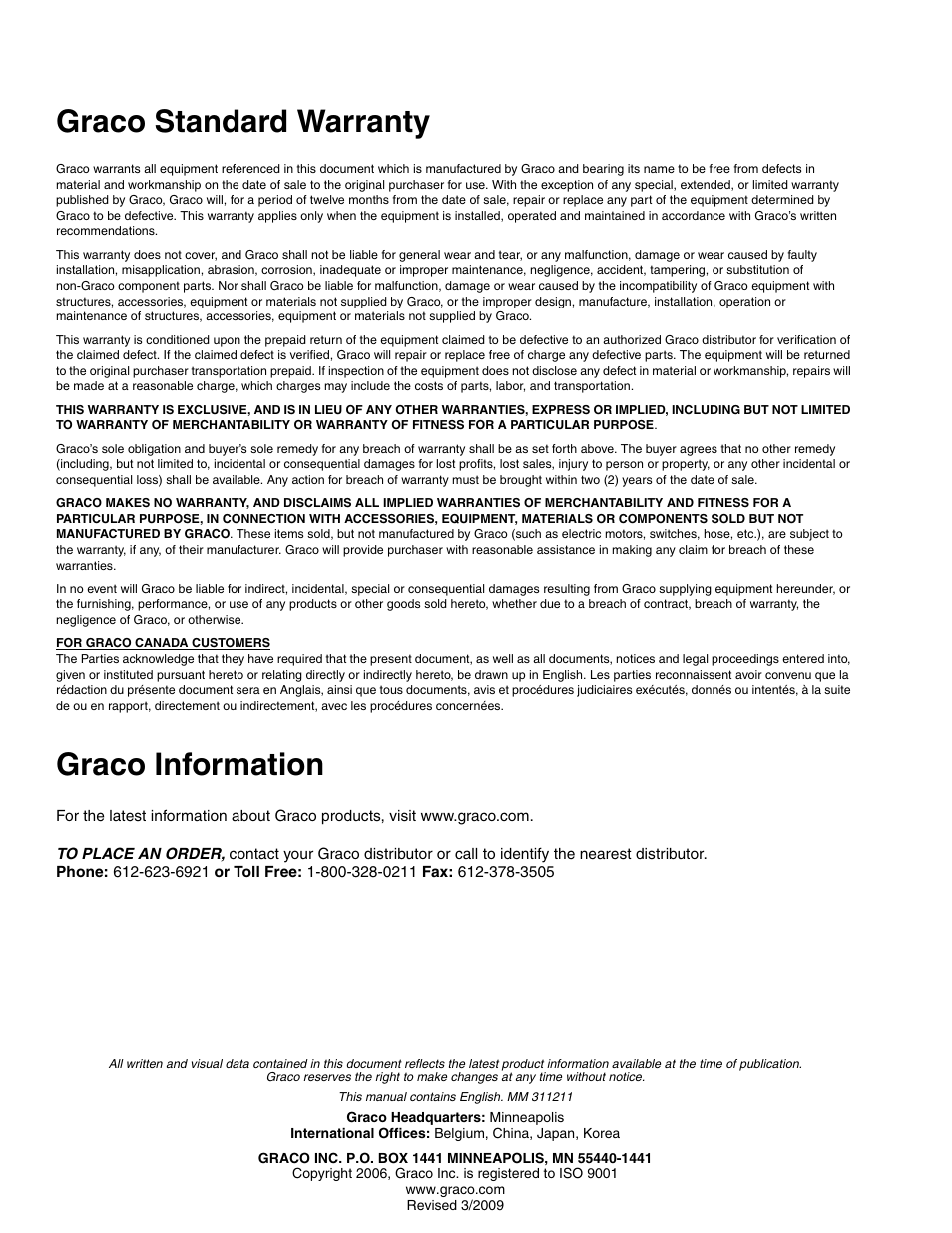 Graco standard warranty, Graco information | Graco HIGH-FLO 311211L User Manual | Page 30 / 30