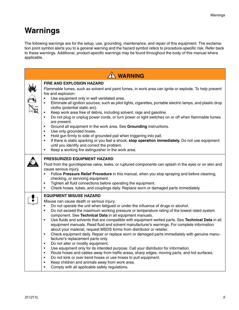 Warnings, Warning | Graco HIGH-FLO 311211L User Manual | Page 5 / 30