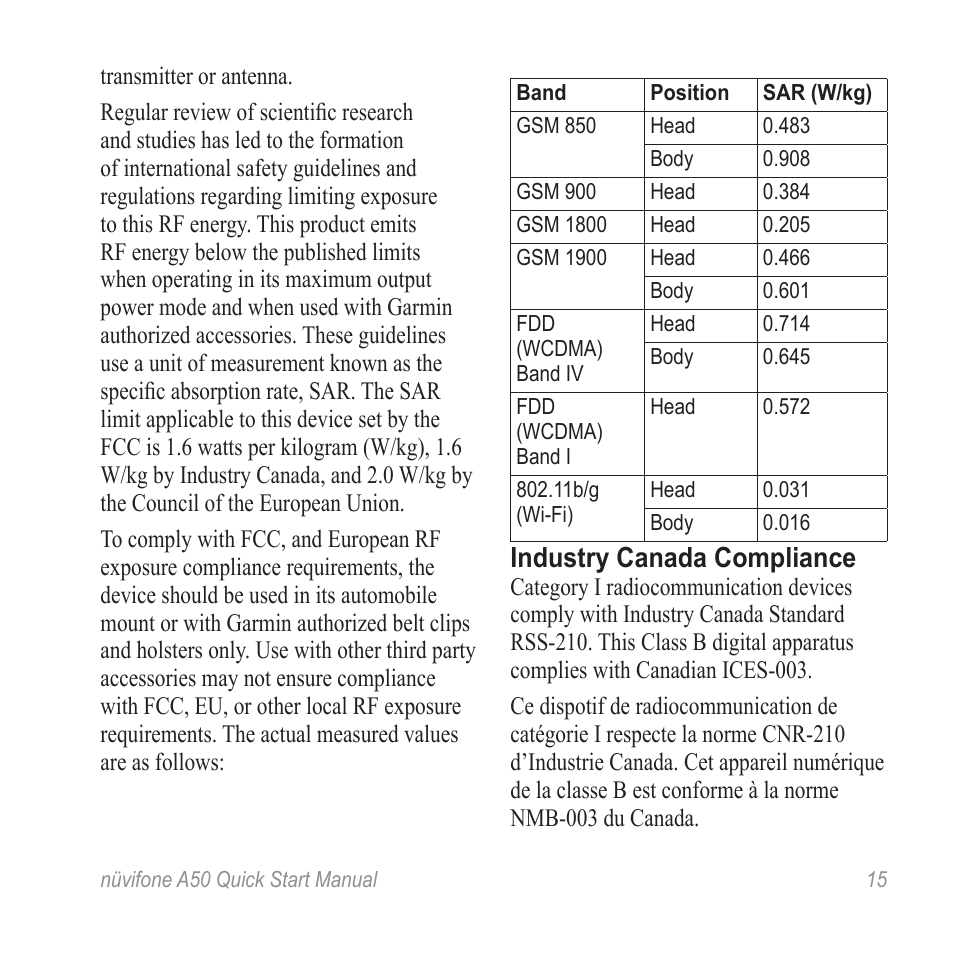Industry canada compliance | Graco A50 User Manual | Page 15 / 20