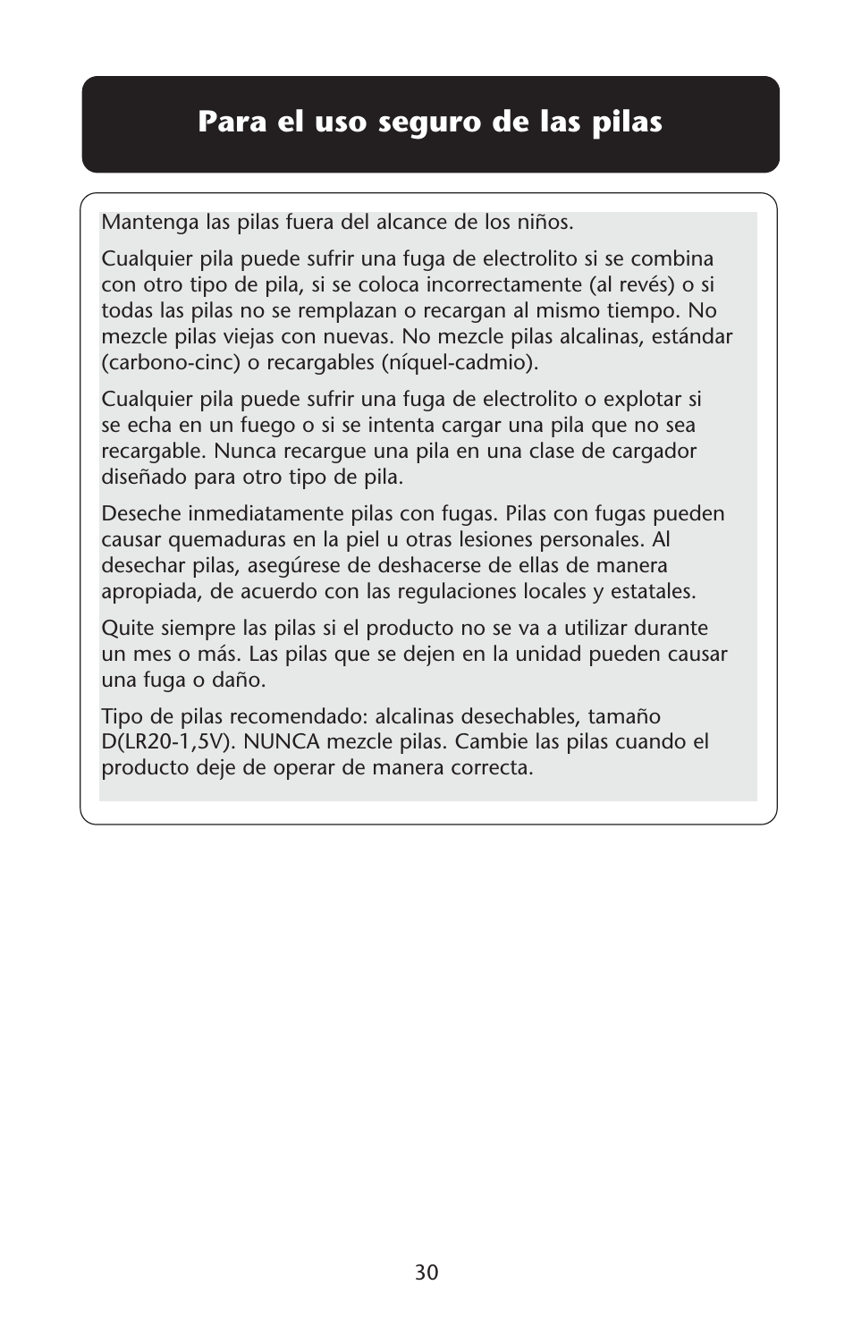 Para el uso seguro de las pilas | Graco PD107647A User Manual | Page 30 / 52
