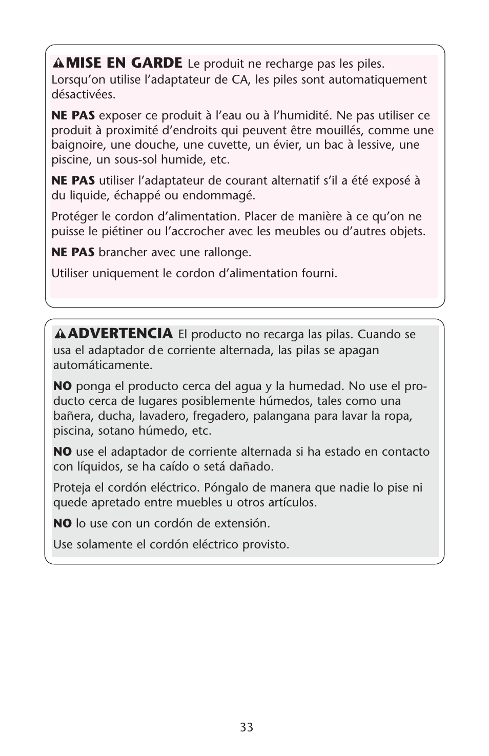 Mise en garde, Advertencia | Graco PD107647A User Manual | Page 33 / 52