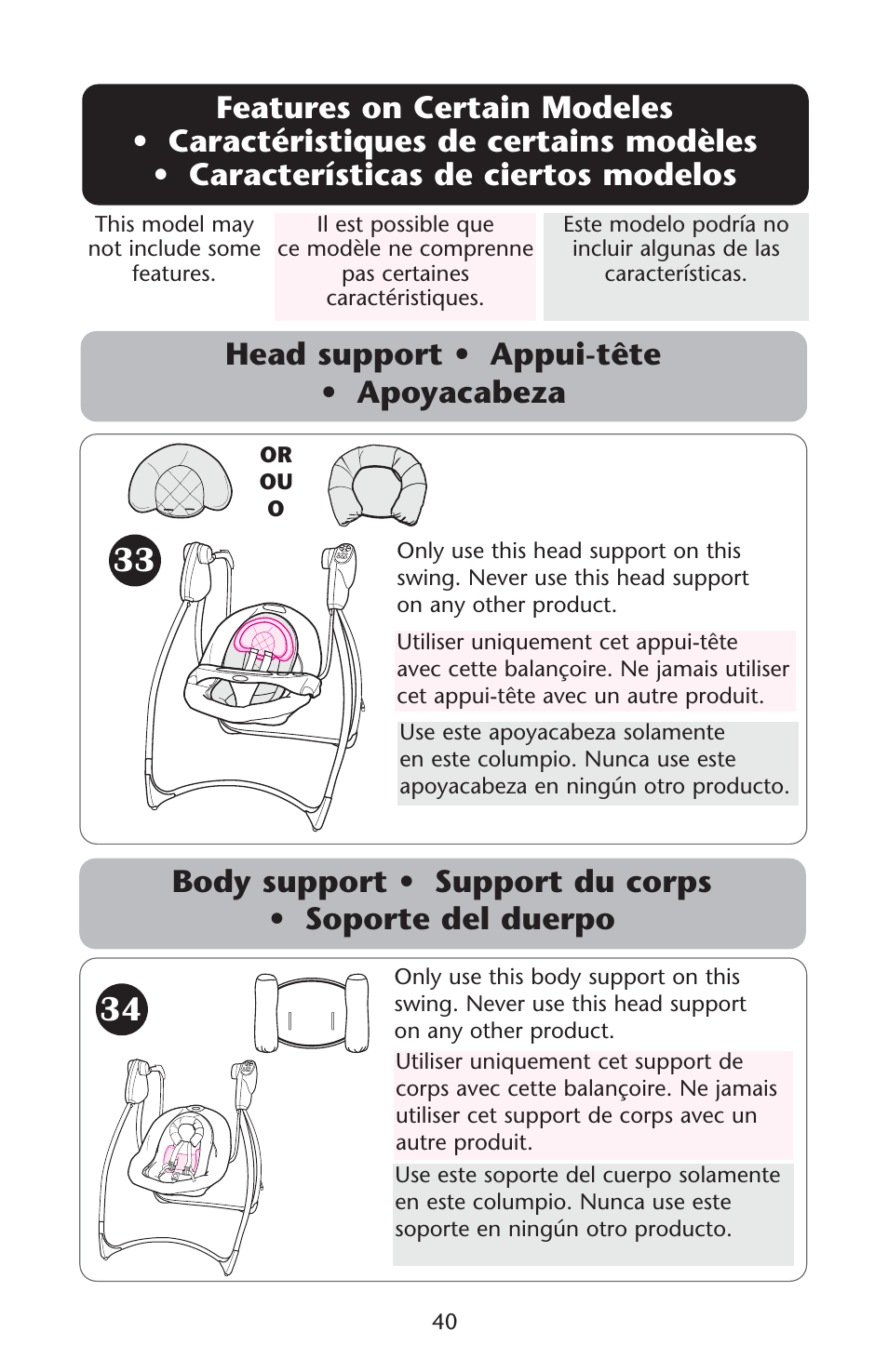 Head support • appui-tête • apoyacabeza | Graco PD107647A User Manual | Page 40 / 52