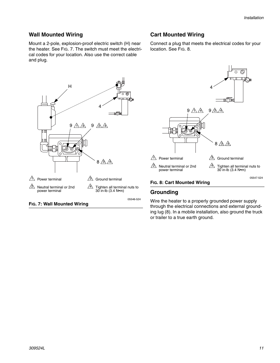 Wall mounted wiring, Cart mounted wiring, Grounding | Graco VISCON HP 309524L User Manual | Page 11 / 30