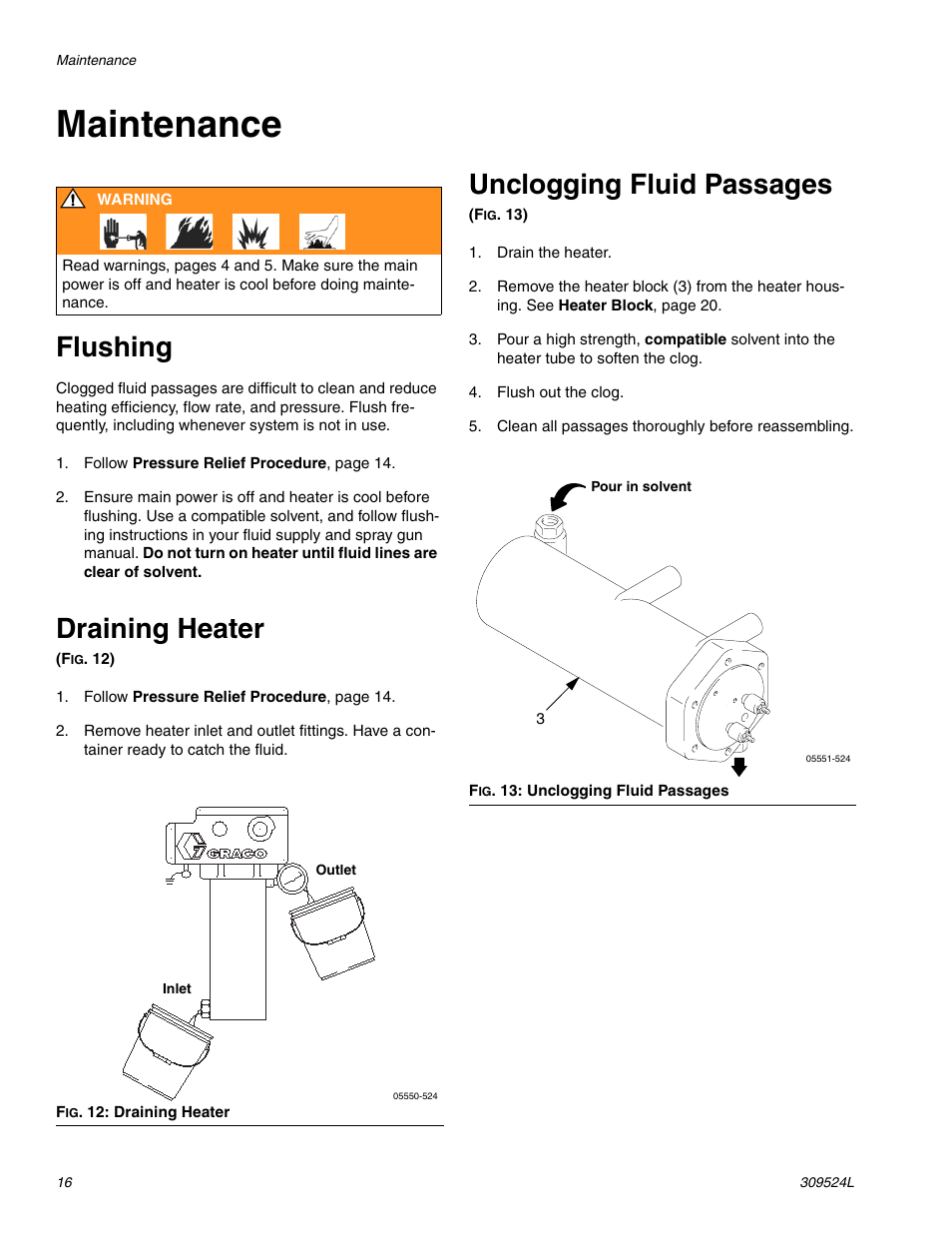 Maintenance, Flushing, Draining heater | Unclogging fluid passages | Graco VISCON HP 309524L User Manual | Page 16 / 30