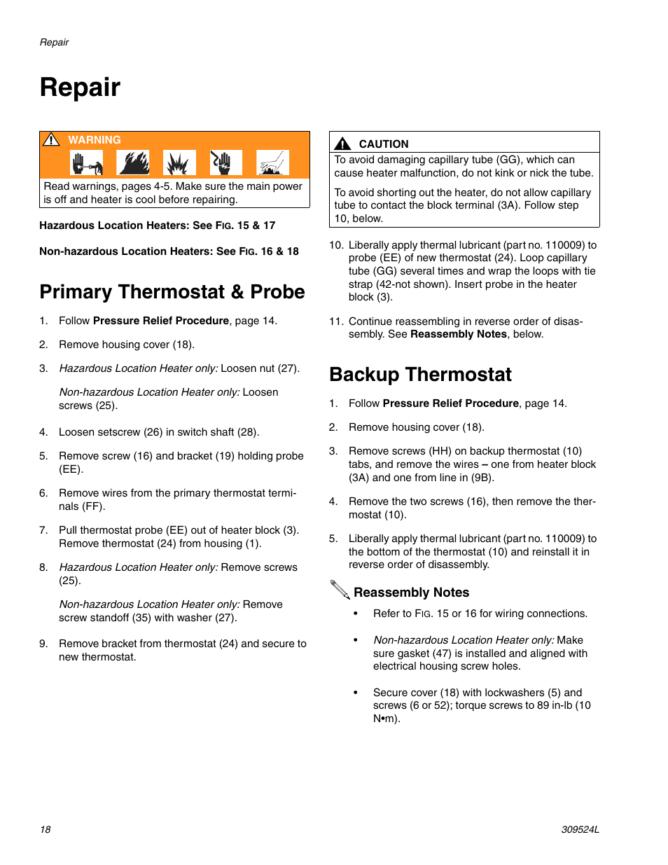 Repair, Primary thermostat & probe, Backup thermostat | S 18 | Graco VISCON HP 309524L User Manual | Page 18 / 30