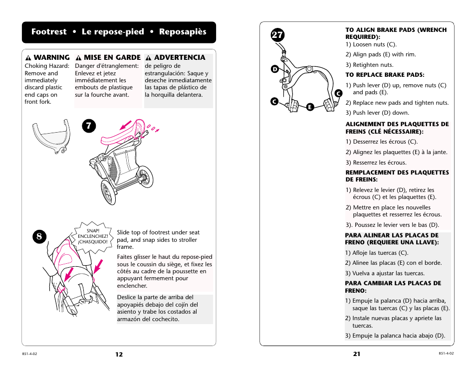 Footrest • le repose-pied • reposapiès, Advertencia, Mise en garde | Warning | Graco 6211 User Manual | Page 12 / 120