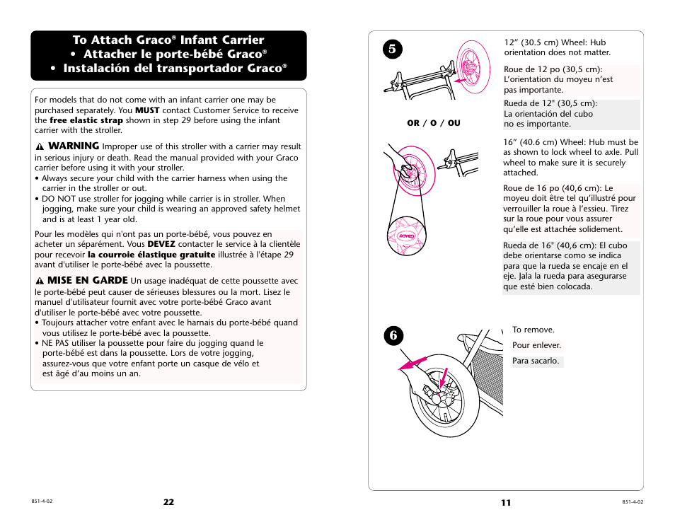 Infant carrier • attacher le porte-bébé graco, Instalación del transportador graco, Warning | Mise en garde | Graco 6211 User Manual | Page 22 / 120