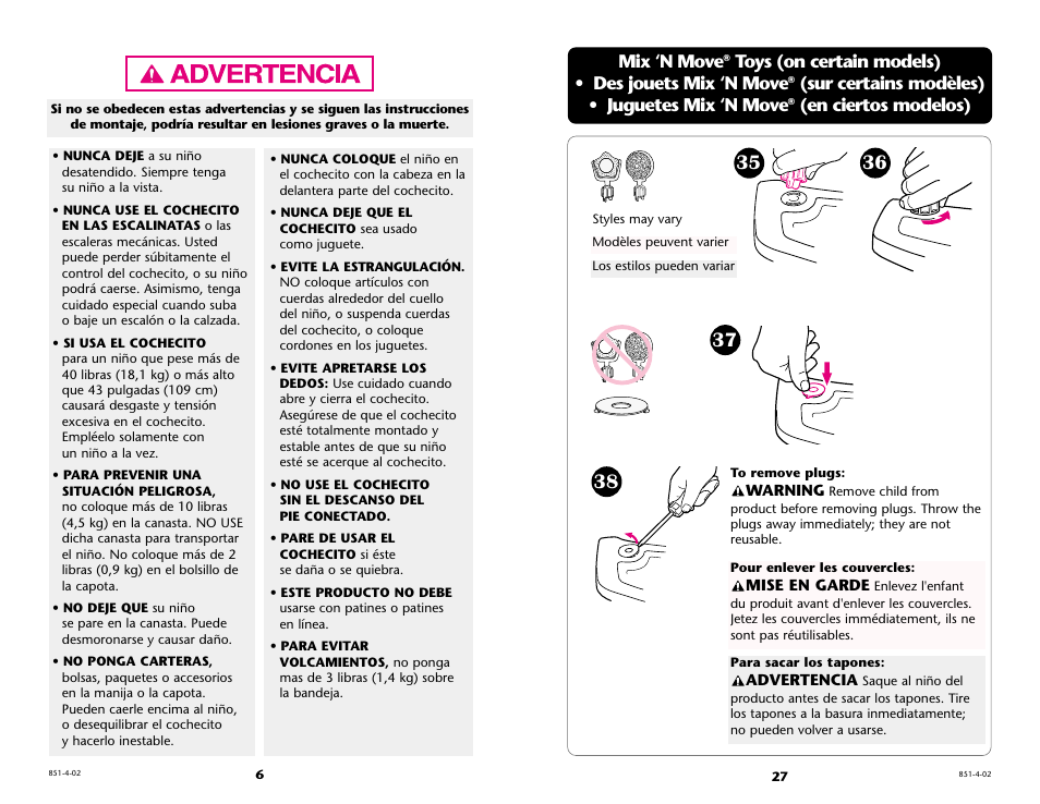 Mix ‘n move, Toys (on certain models) • des jouets mix ‘n move, Sur certains modèles) • juguetes mix ‘n move | En ciertos modelos), Mise en garde, Advertencia, Warning | Graco 6211 User Manual | Page 27 / 120