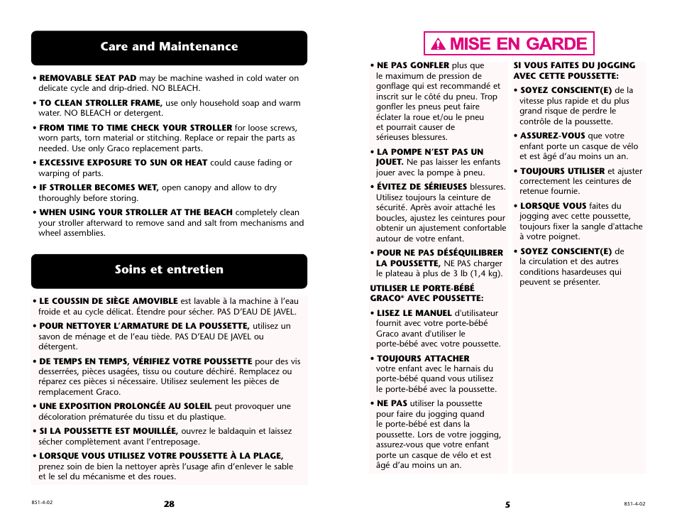 Soins et entretien, Care and maintenance | Graco 6211 User Manual | Page 28 / 120