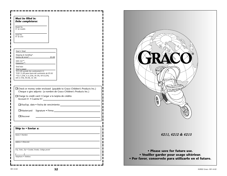 Ship to • enviar a, Must be filled in: debe completarse | Graco 6211 User Manual | Page 32 / 120