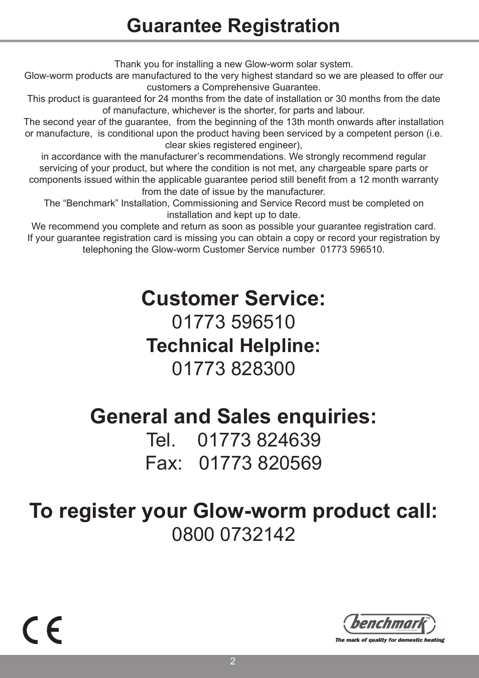 Customer service, General and sales enquiries, Guarantee registration | Glowworm Lighting 250 I User Manual | Page 2 / 24