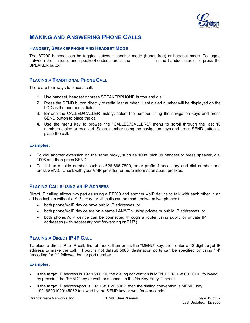Making and answering phone calls, Andset, Peakerphone and | Eadset, Lacing a, Raditional, Hone, Lacing, Alls using an, Ddress | Grandstream Networks DUAL ETHERNET PORT BT200 User Manual | Page 12 / 37