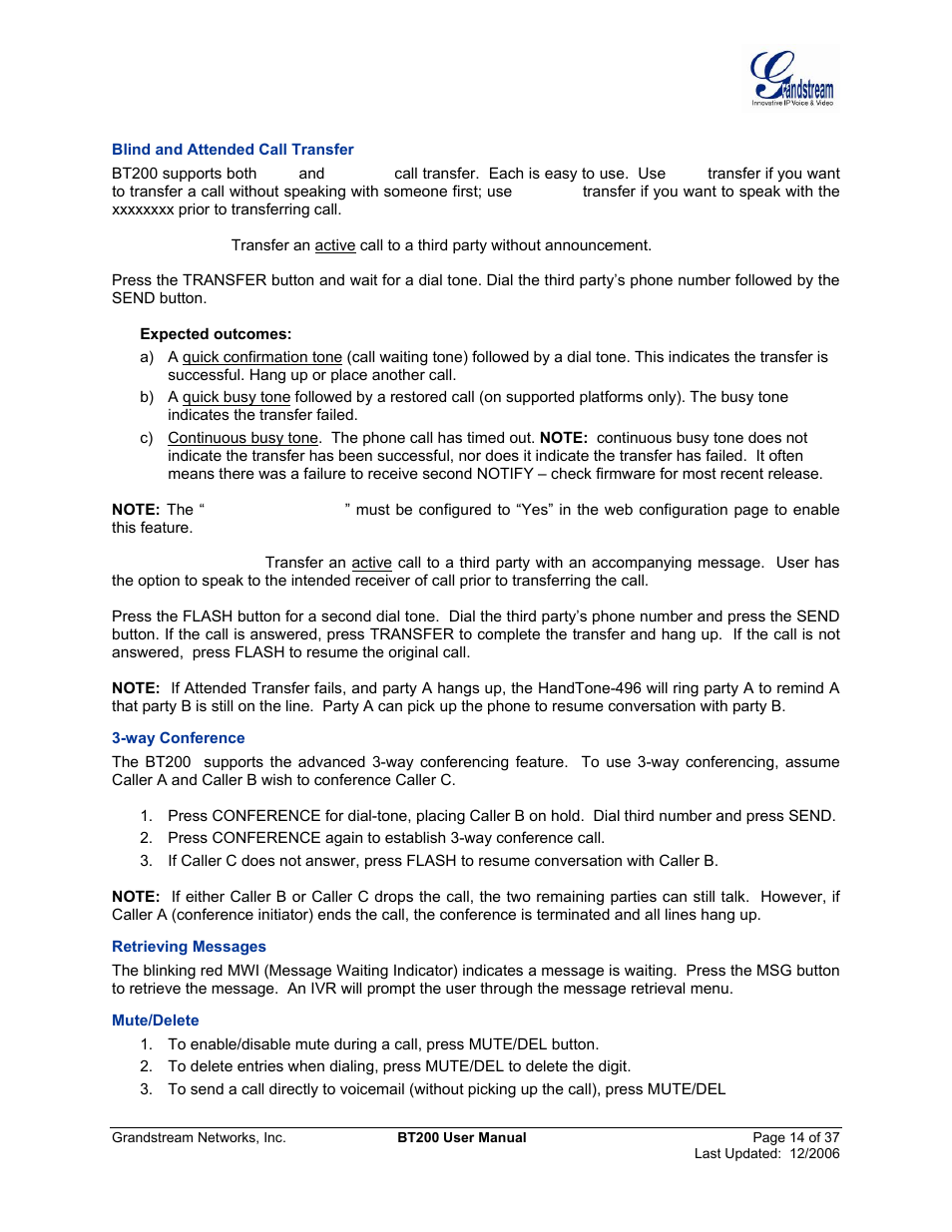 Blind and attended call transfer, Way conference, Retrieving messages | Mute/delete | Grandstream Networks DUAL ETHERNET PORT BT200 User Manual | Page 14 / 37