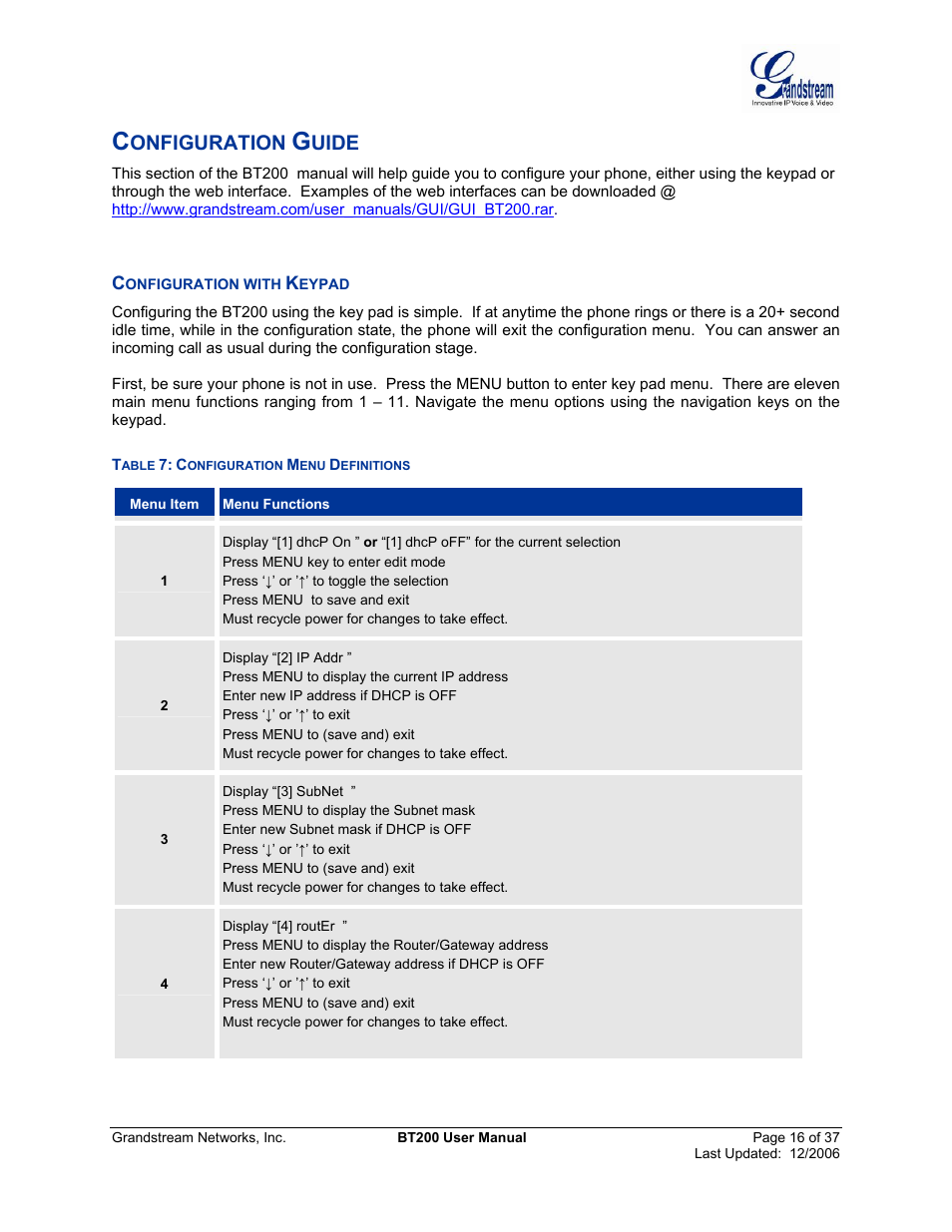 Configuration guide, Onfiguration with, Eypad | Able, Onfiguration, Efinitions, Uide | Grandstream Networks DUAL ETHERNET PORT BT200 User Manual | Page 16 / 37