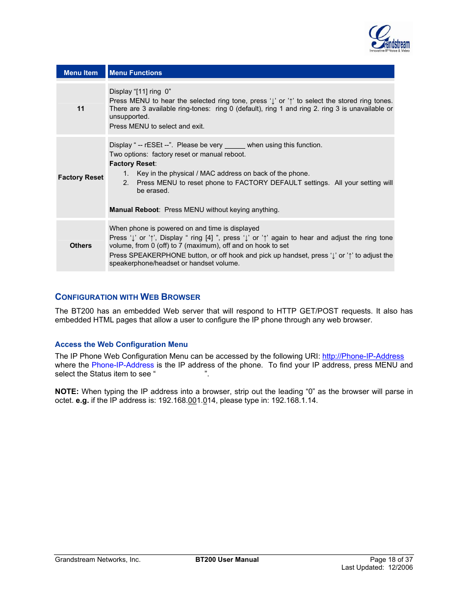 Onfiguration with, Rowser, Access the web configuration menu | Grandstream Networks DUAL ETHERNET PORT BT200 User Manual | Page 18 / 37