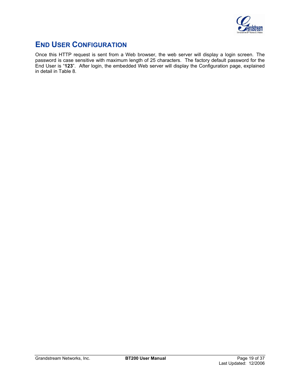 End user configuration | Grandstream Networks DUAL ETHERNET PORT BT200 User Manual | Page 19 / 37