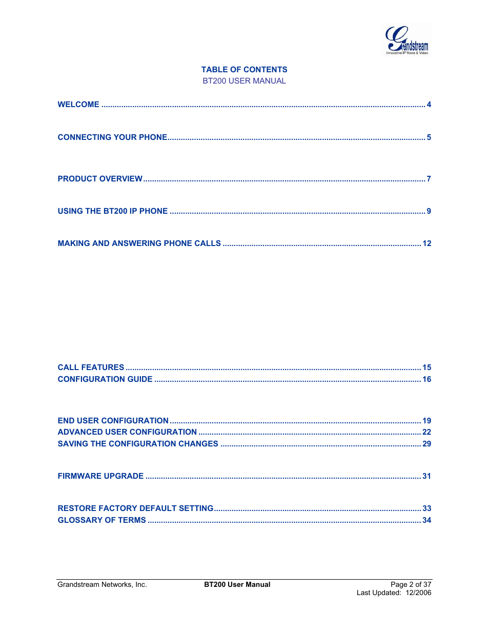 Grandstream Networks DUAL ETHERNET PORT BT200 User Manual | Page 2 / 37