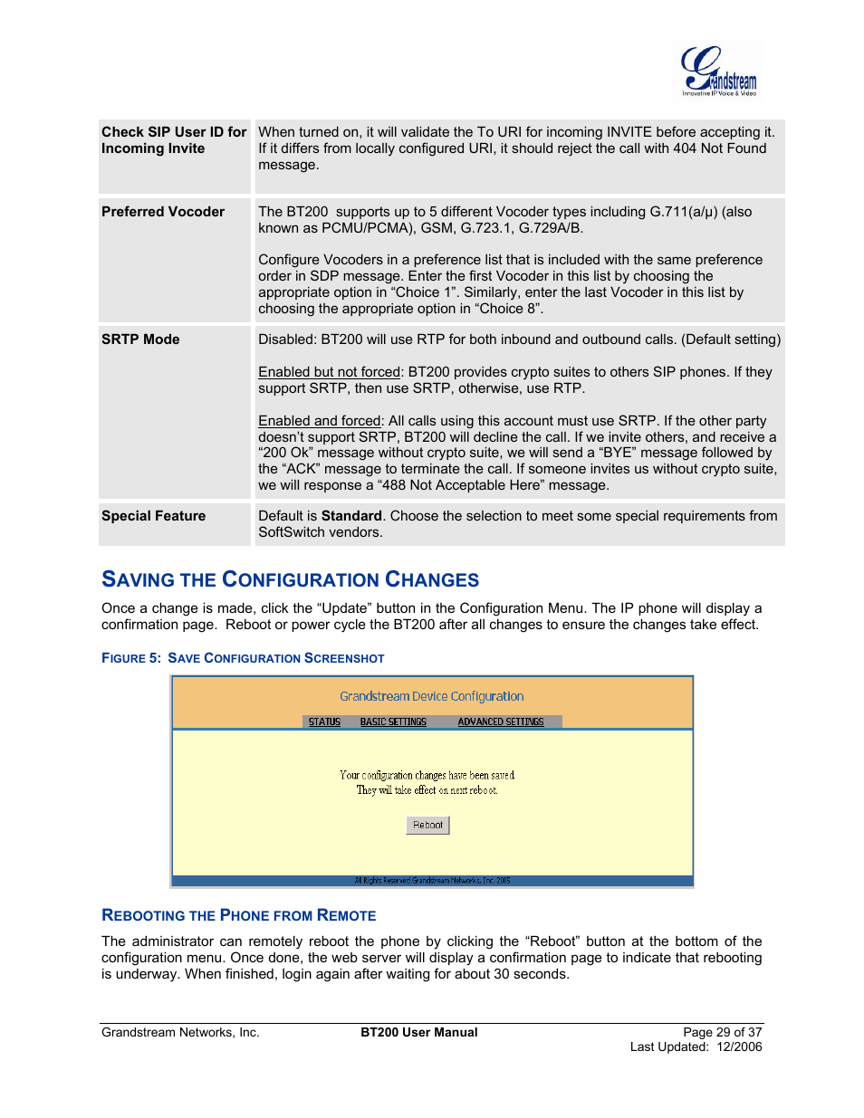 Saving the configuration changes, Ebooting the, Hone from | Emote, Igure, Onfiguration, Creenshot, Aving the, Hanges | Grandstream Networks DUAL ETHERNET PORT BT200 User Manual | Page 29 / 37
