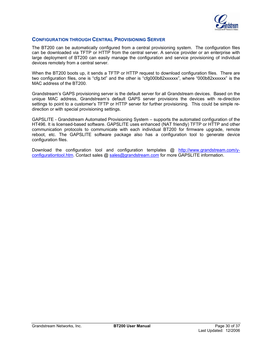 Onfiguration through, Entral, Rovisioning | Erver | Grandstream Networks DUAL ETHERNET PORT BT200 User Manual | Page 30 / 37