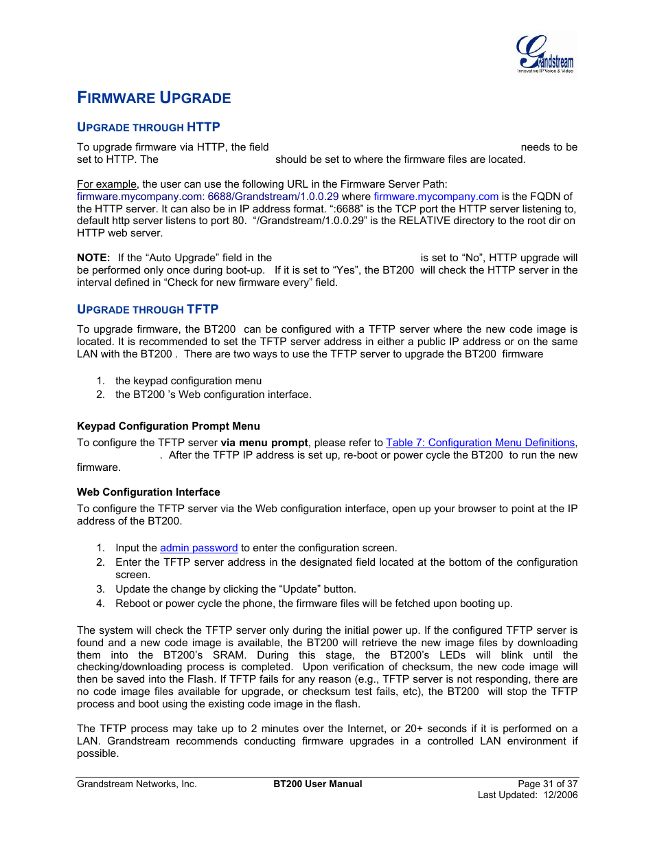 Firmware upgrade, Pgrade through, Http | Tftp, Irmware, Pgrade | Grandstream Networks DUAL ETHERNET PORT BT200 User Manual | Page 31 / 37